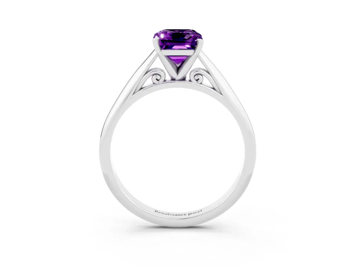 Emerald Cut Amethyst Solitaire Engagement Ring with Cathedral Setting and Four-Prong Mount White gold