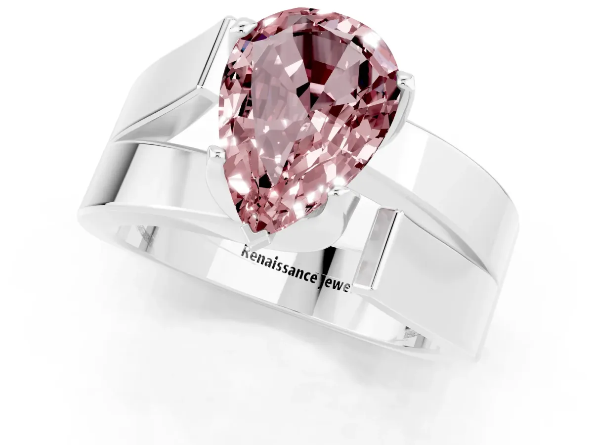 Modern Tension Set Pear Cut Morganite Solitaire Wide Band Ring Platinum