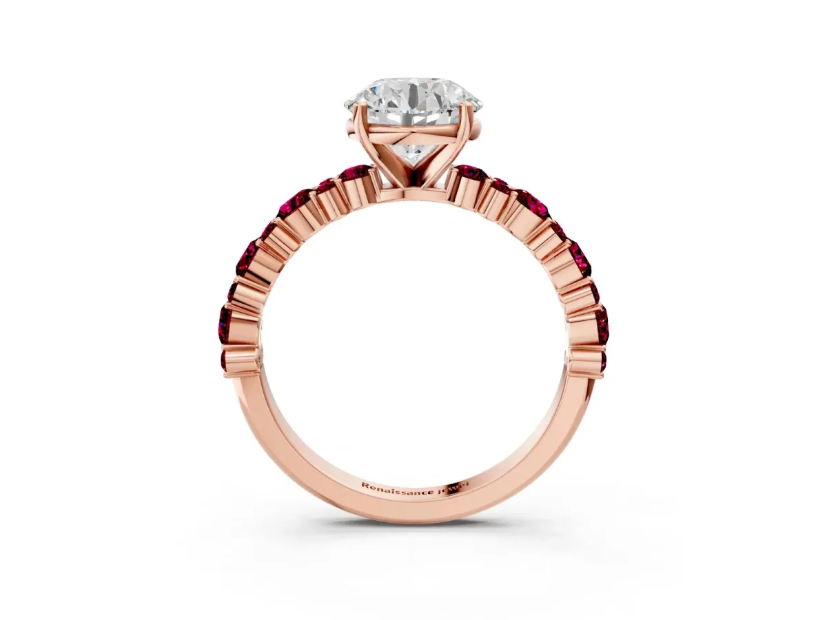 Round Cut Diamond Side Stone Solitaire Ring with Round Garnet and Four-Prong Setting Rose gold