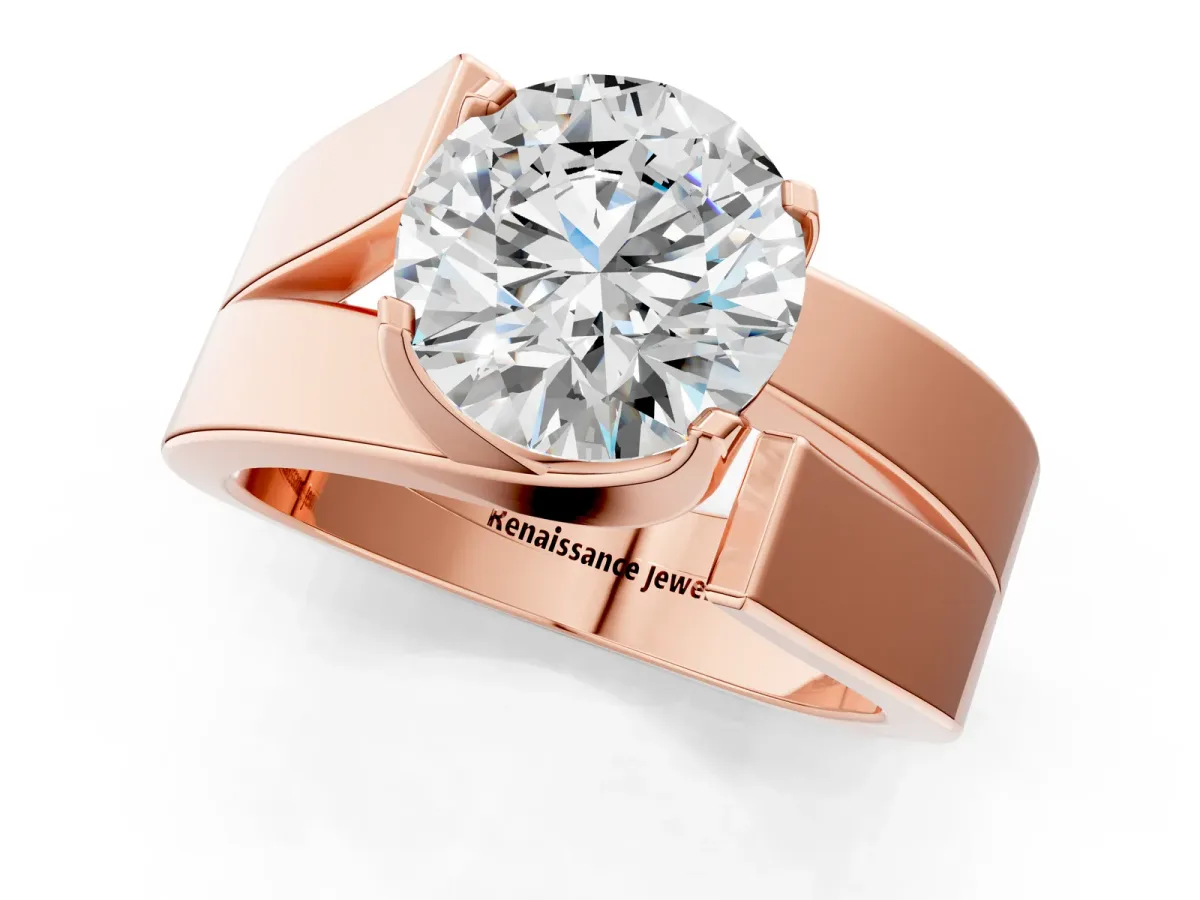 Modern Tension Set Round Cut Diamond Solitaire Wide Band Ring Rose gold