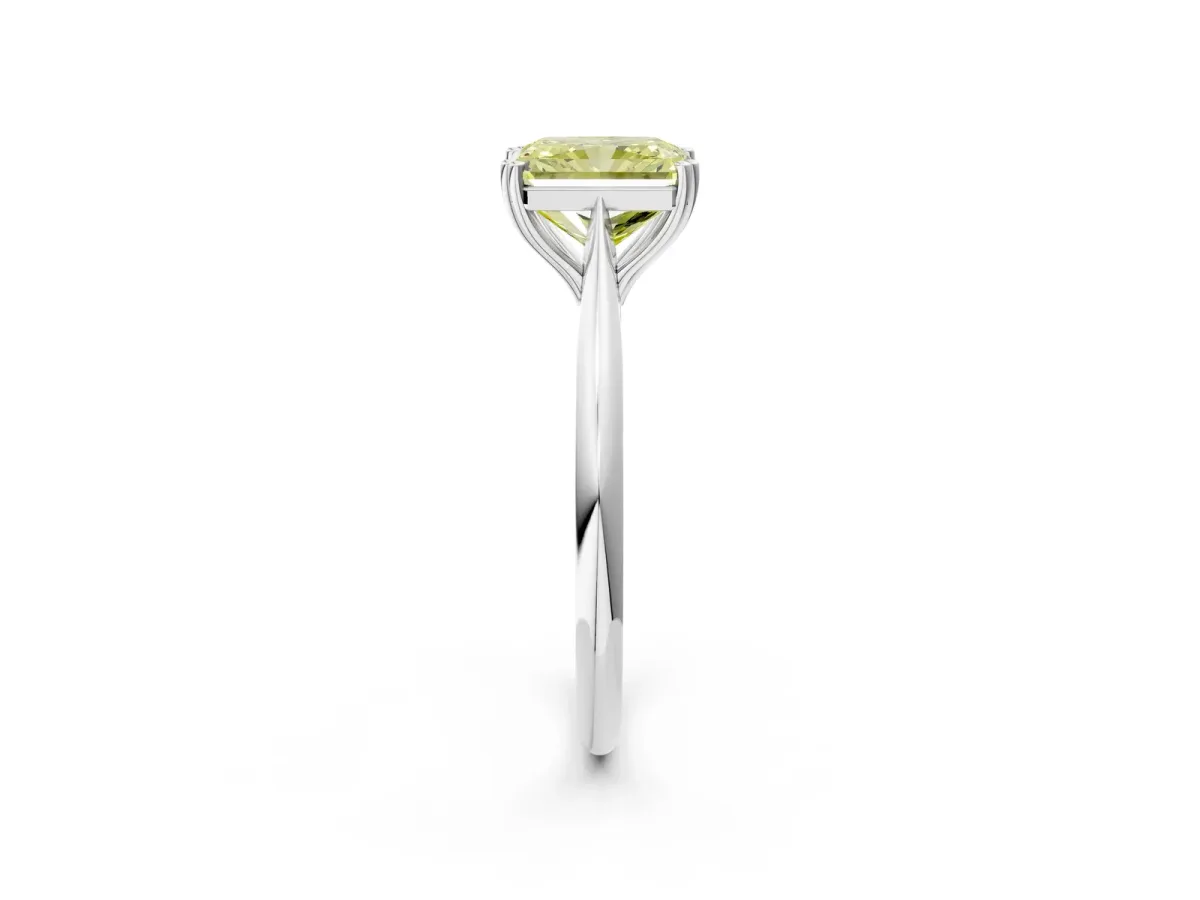 Fancy Yellow Radiant Cut Solitaire Diamond Ring with Six-Prong Setting and Classic Band Platinum