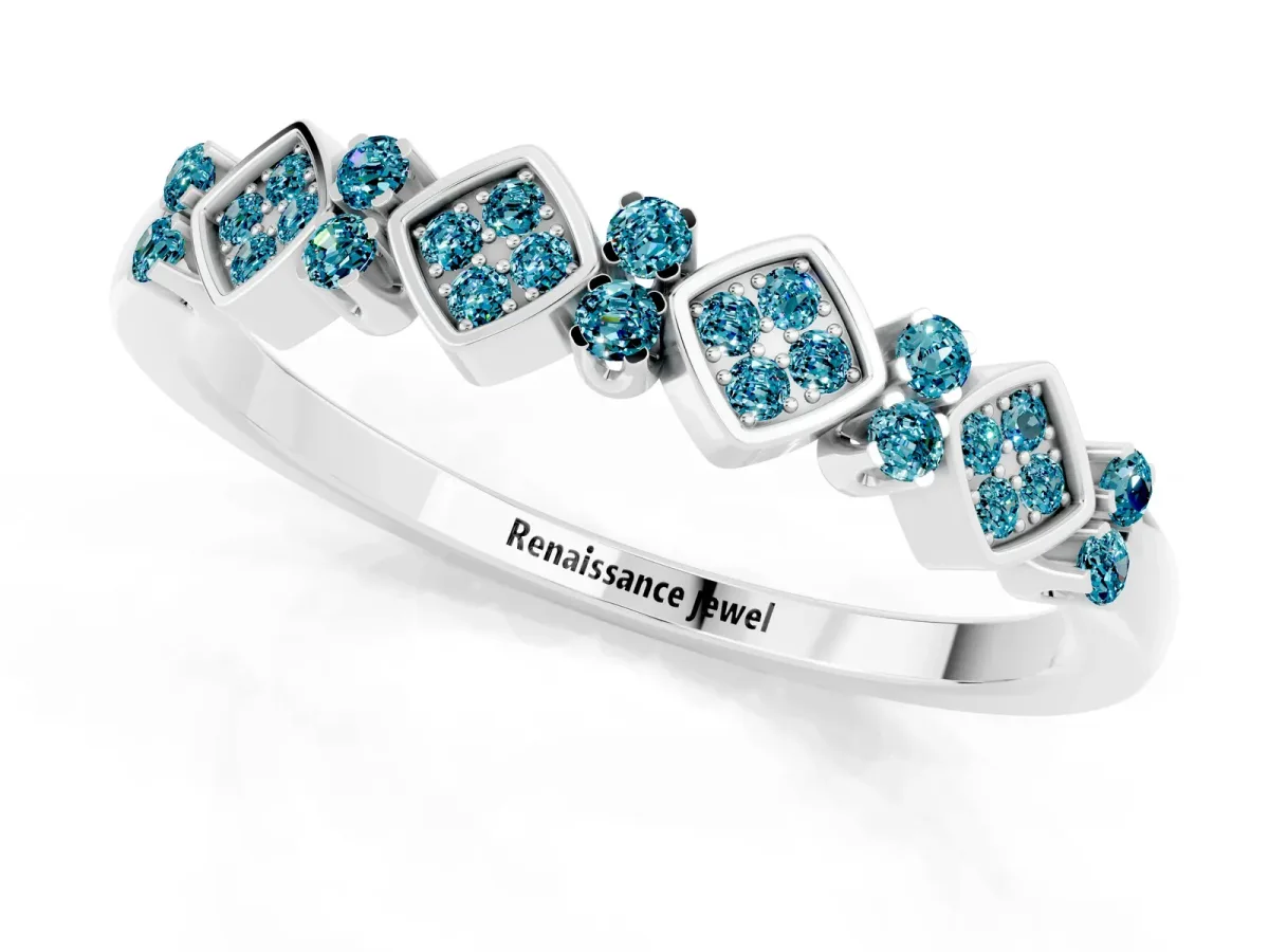 Pavé Cushion Blue Topaz Cluster Eternity Band with Prong Setting Silver