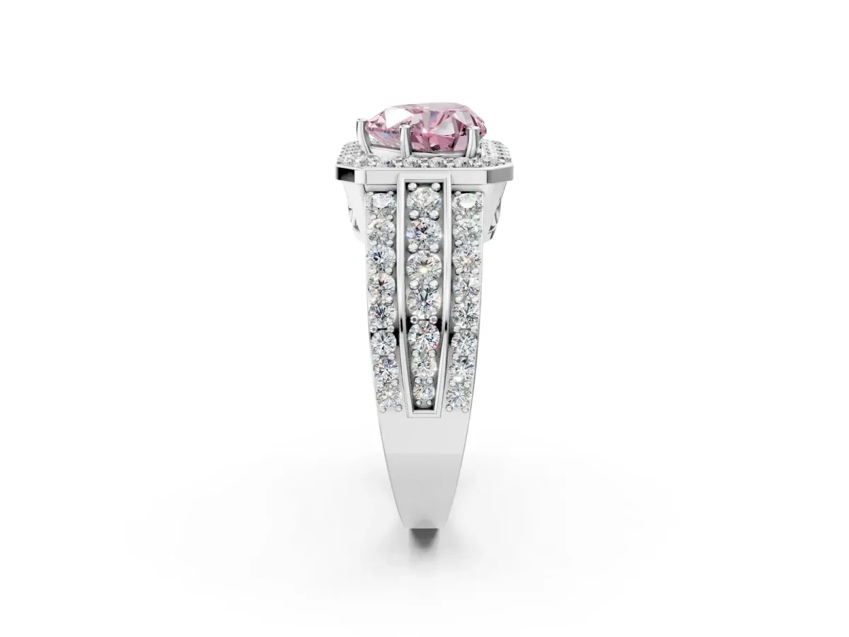 Fancy Pink Heart Cut Halo Diamond Ring with Round Split Shank and Prong Setting Platinum