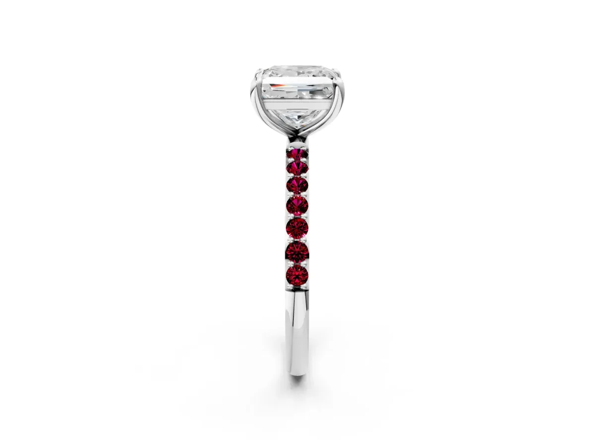 Princess Cut Diamond Solitaire Ring with Round Garnet Pavé Band and Prong Setting Silver