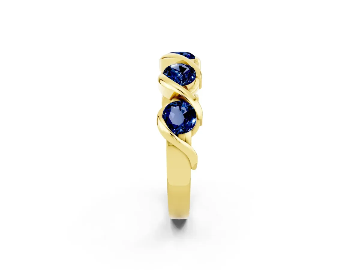 Round Blue Sapphire Wave Band with Channel Setting and Shared Prongs Yellow gold