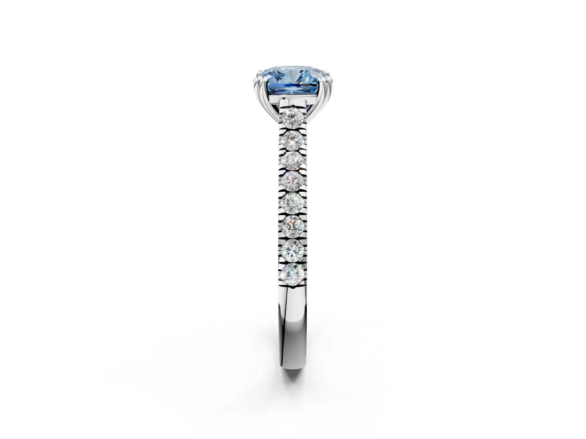 Fancy Blue Cushion Cut Solitaire Pave Diamond Engagement Ring with Prong Setting White gold