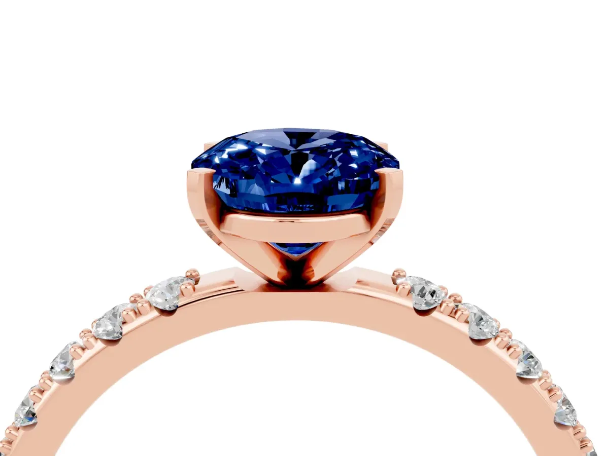 Oval Cut Blue Sapphire Solitaire Pavé Band with Four-Prong Setting Rose gold