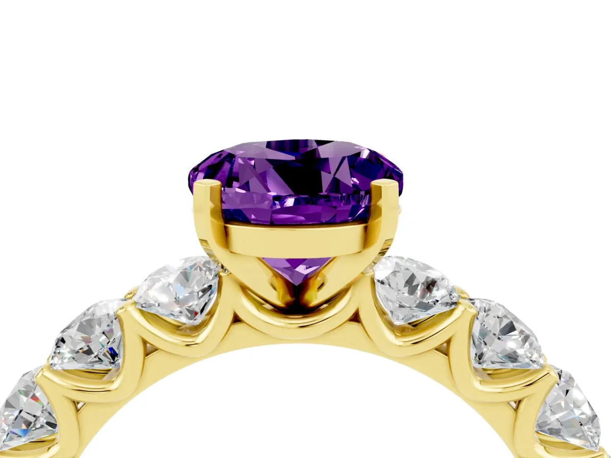 Round Cut Amethyst Prong Setting with Side Stones on a Pave Band Yellow gold