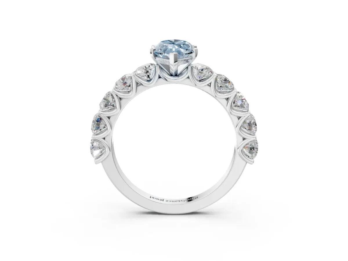 Fancy Blue Marquise Cut Diamond Prong Setting with Side Stones on a Pave Band Silver