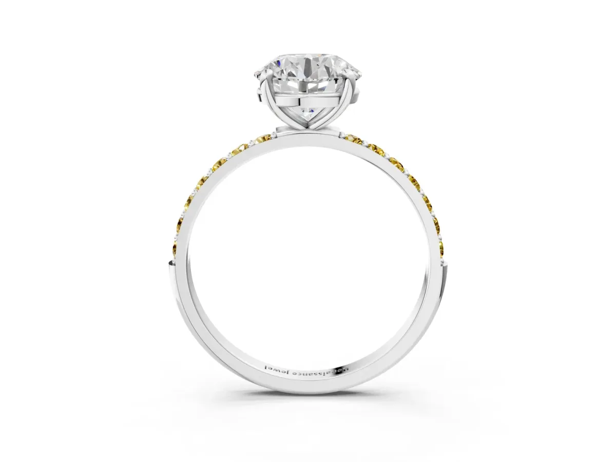 Round Cut Diamond Solitaire Ring with Round Yellow Sapphire Pavé Band and Prong Setting Silver
