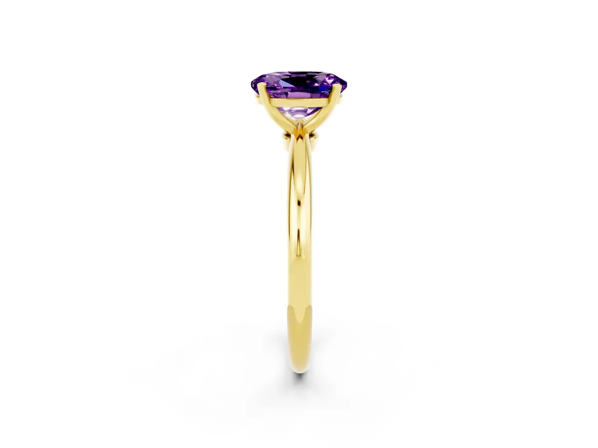 Oval Cut Amethyst Solitaire Ring with Six-Prong Setting and Classic Band Yellow gold