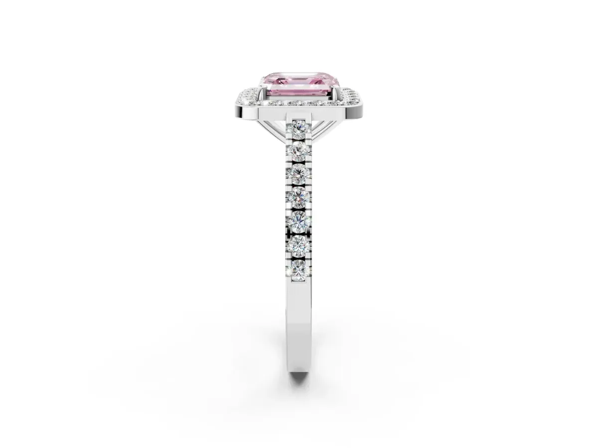 Fancy Pink Asscher Cut Diamond Halo Ring with Round Pavé Split Shank and Prong Setting Platinum
