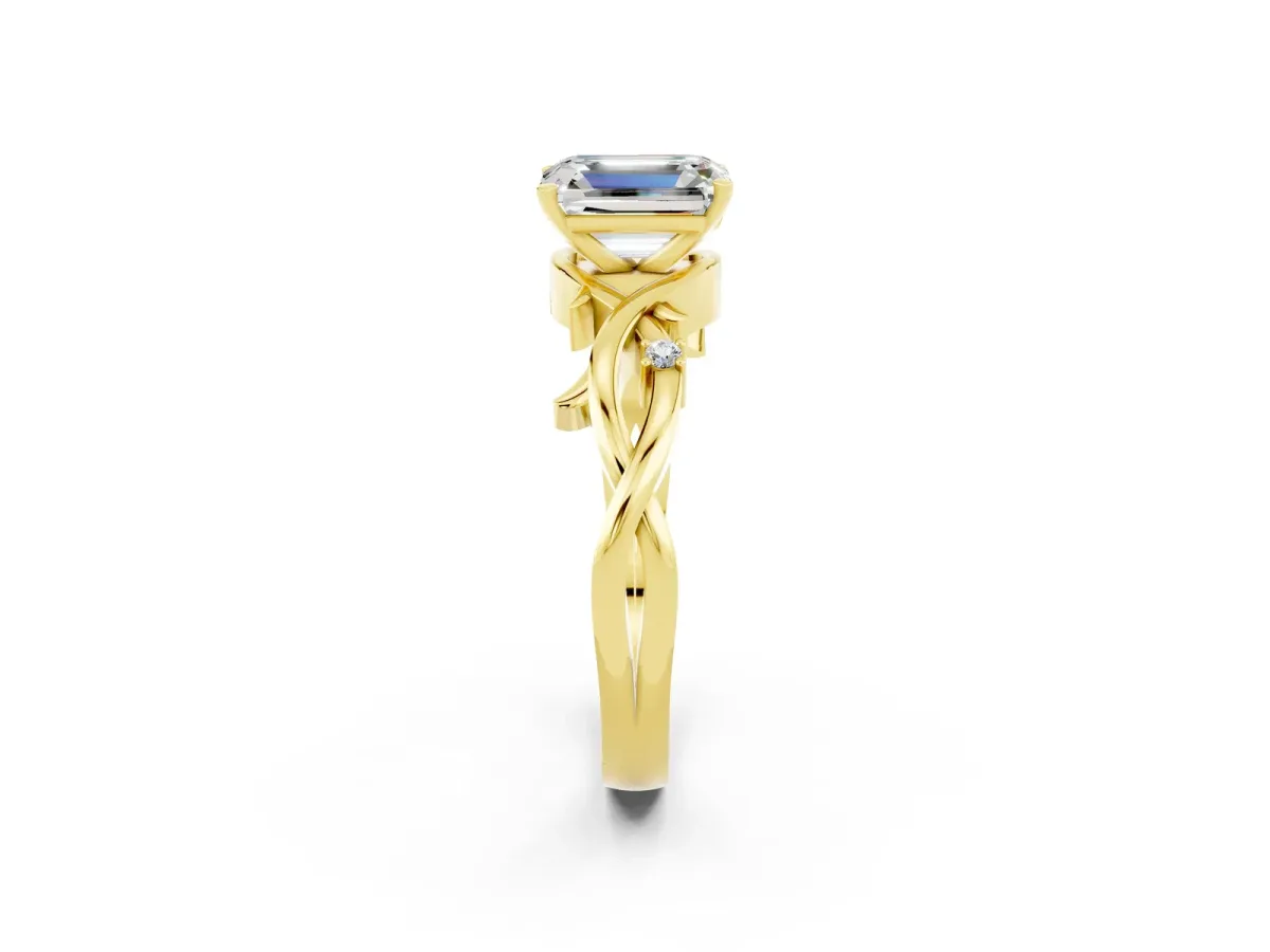 Emerald Cut Moissanite Solitaire Ring with Twisted Band and Prong Setting Yellow gold