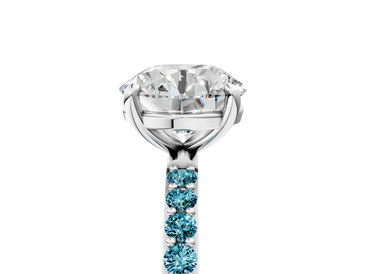 Round Cut Diamond Solitaire Ring with Round Blue Topaz Pavé Band and Prong Setting Silver