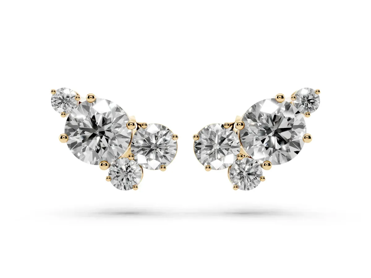 Round and Oval Diamond Hydrangea Bouquet Stud Earrings with Round Diamond Accents Yellow gold