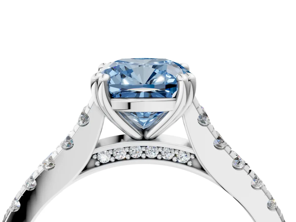 Fancy Blue Cushion Cut Solitaire Pave Diamond Engagement Ring with Prong Setting White gold