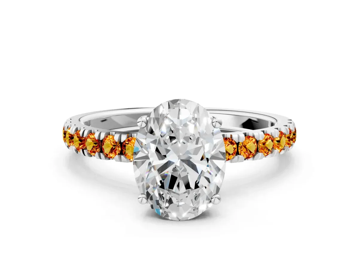 Oval Cut Diamond Pave Band Solitaire Ring with Round Citrine and Prong Setting Platinum