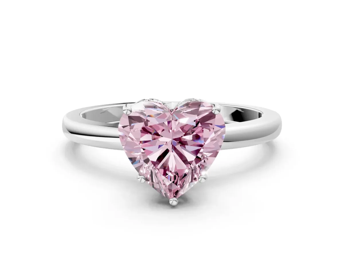 Fancy Pink Heart Cut Solitaire Diamond Ring with Prong Setting and Plain Band Silver