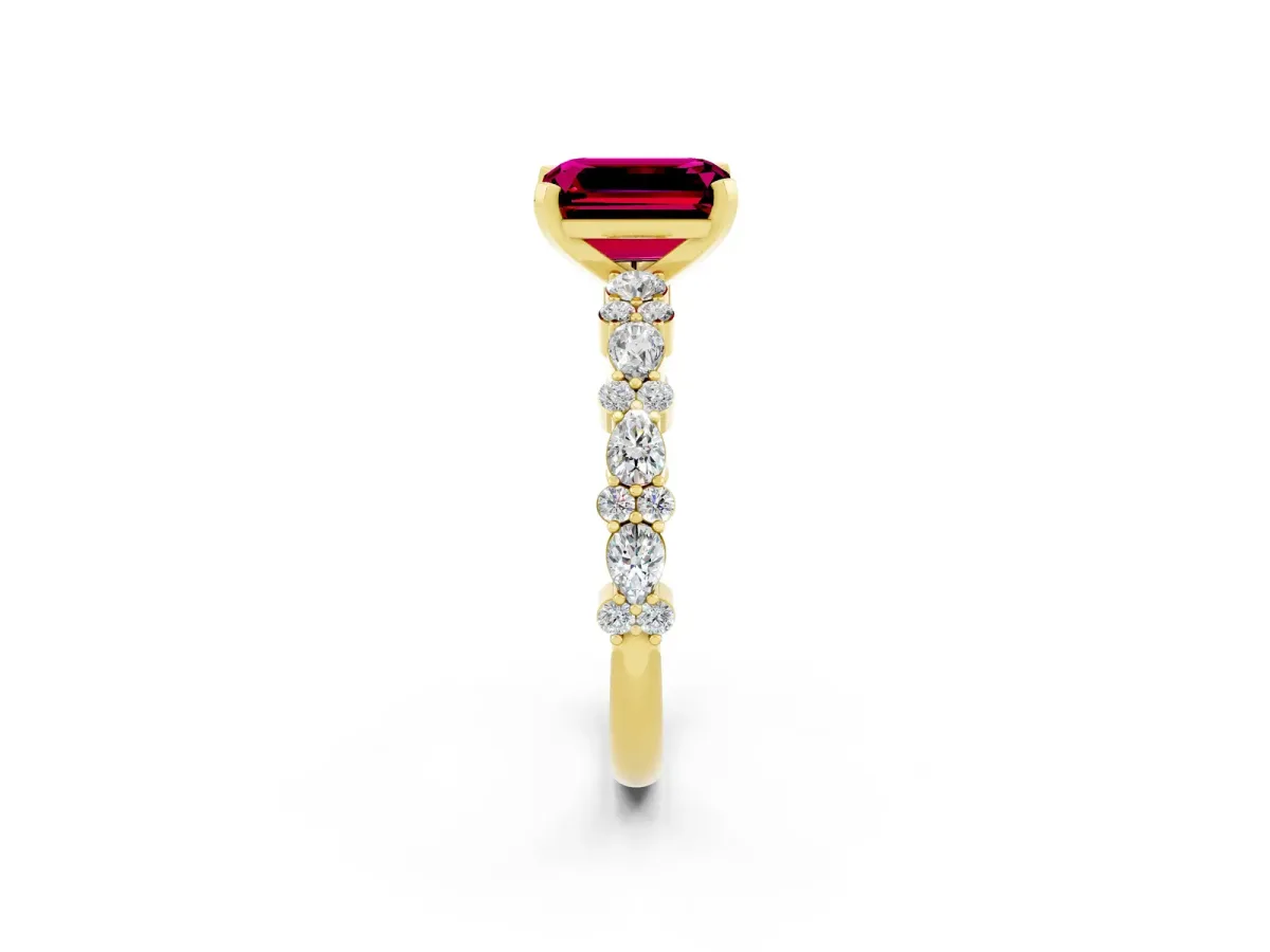 Emerald Cut Garnet Side Stone Solitaire Ring with Round and Four-Prong Setting Yellow gold