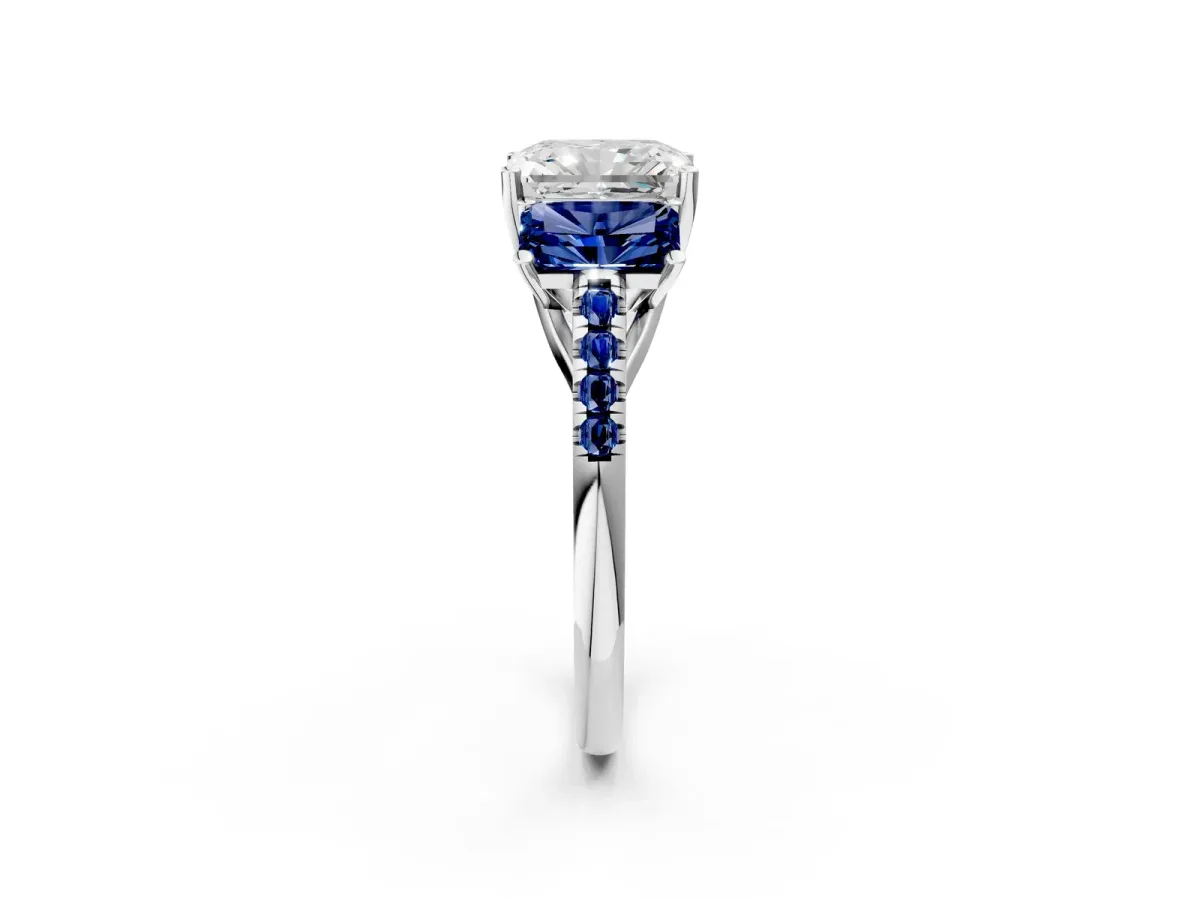 Three-Stone Radiant Cut Diamond Ring with Round Blue Sapphire Pavé Band and Prong Setting Silver