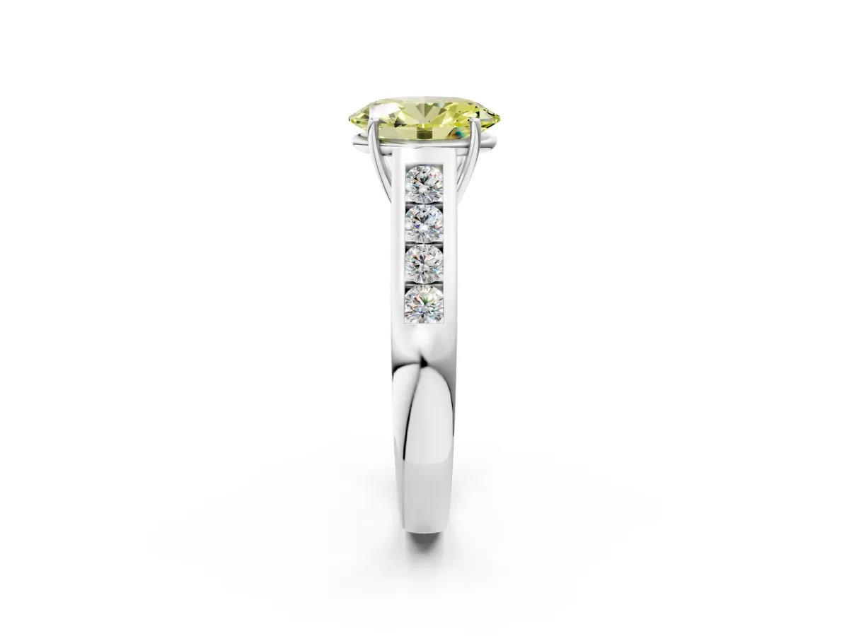 Fancy Yellow Oval Cut Brilliant Channel-Set Solitaire Ring with Four-Prong Setting White gold