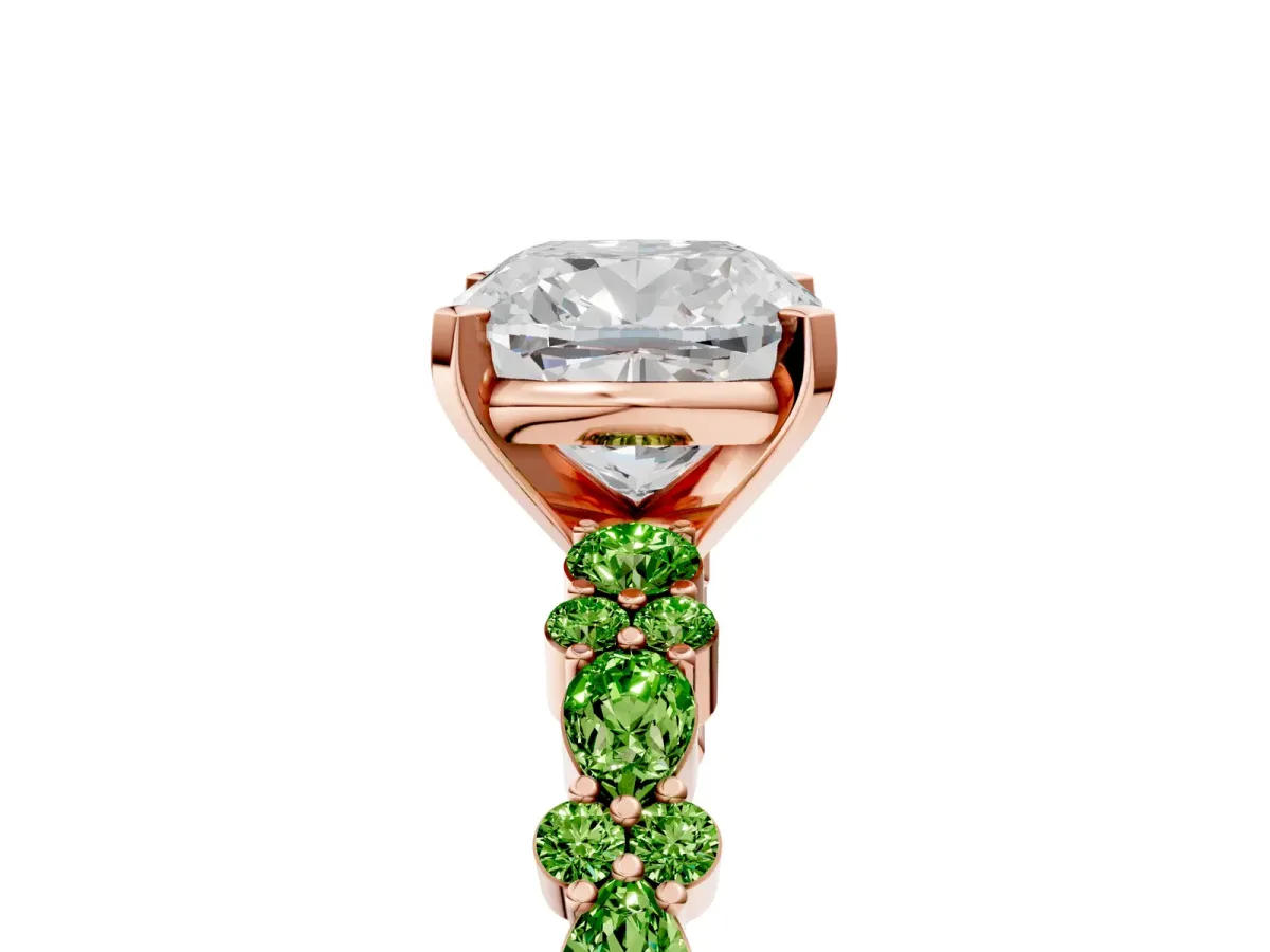 Cushion Cut Diamond Side Stone Solitaire Ring with Round Peridot and Four-Prong Setting Rose gold