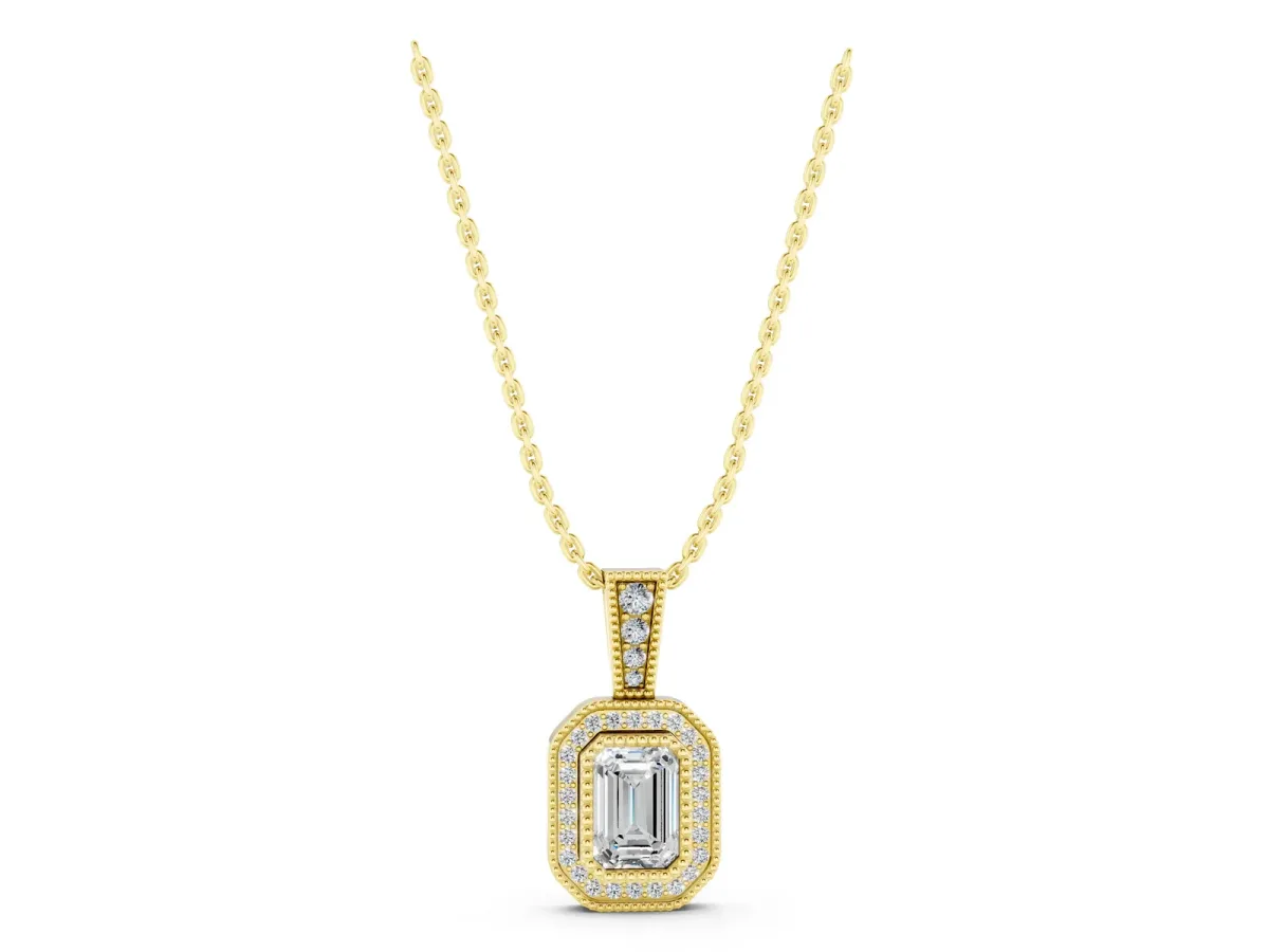 Emerald Cut Halo Diamond Pendant with Pavé Setting Yellow gold