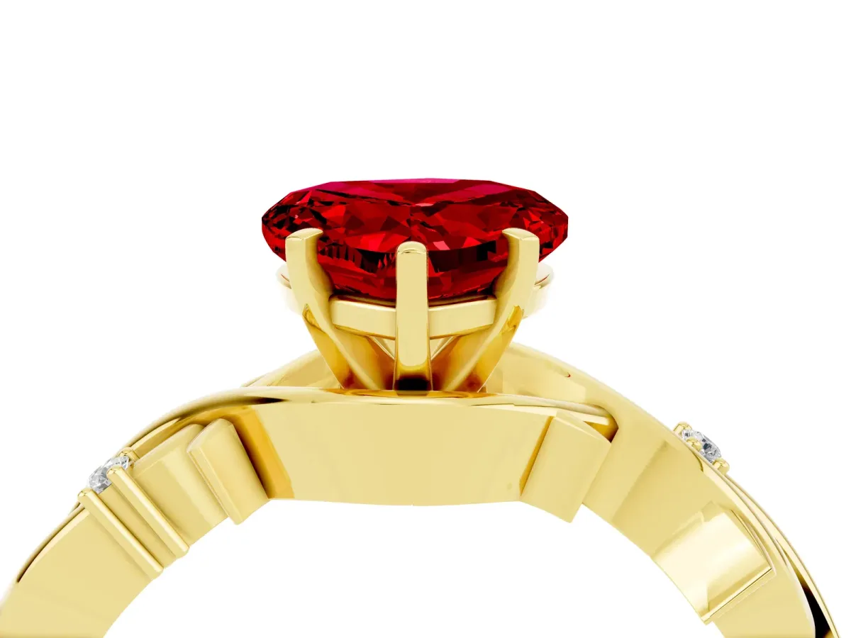 Heart Cut Ruby Solitaire Ring with Twisted Band and Prong Setting Yellow gold