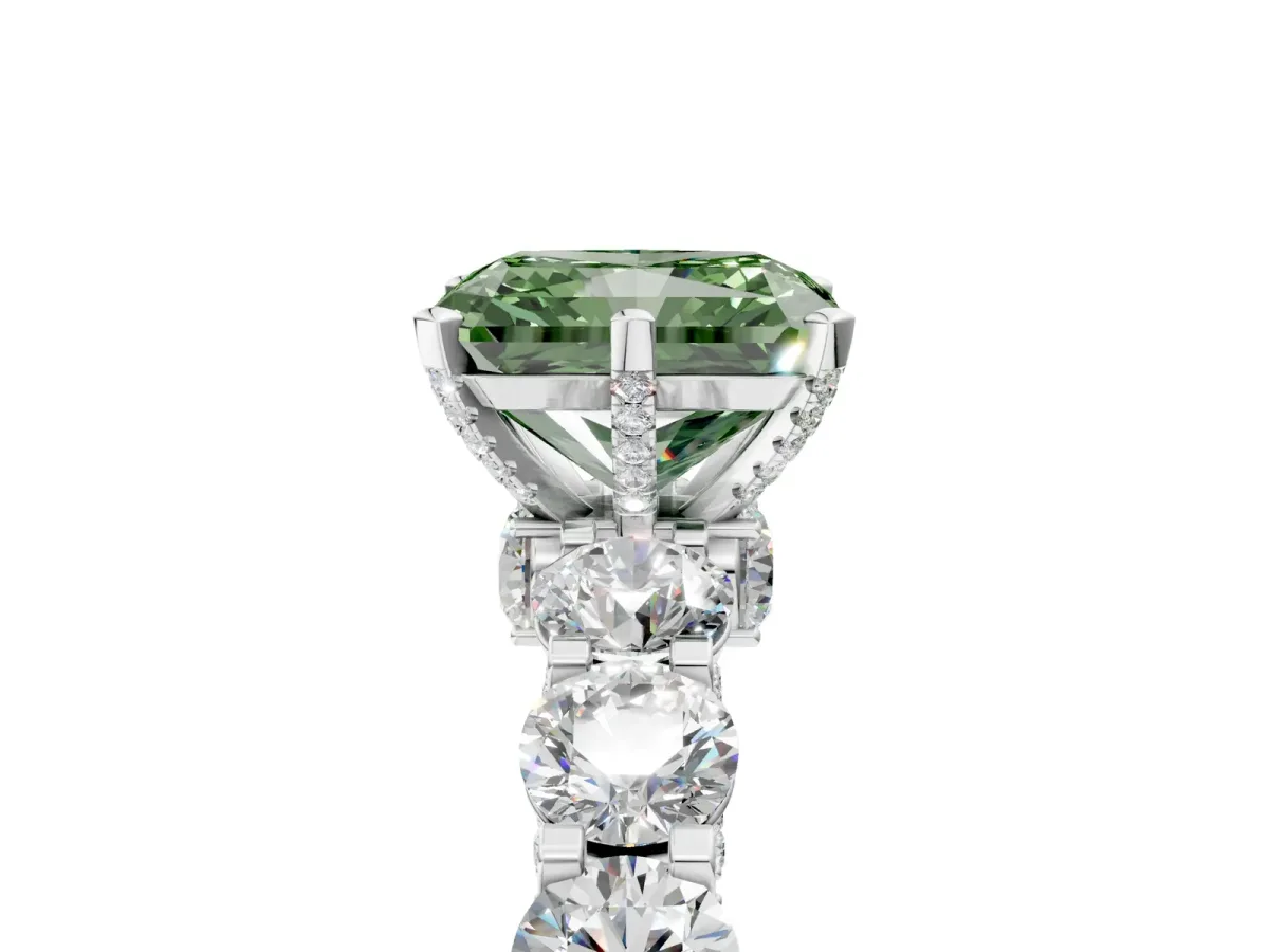 Fancy Green Radiant Cut Diamond Side Stone Engagement Ring with Four-Prong Setting White gold