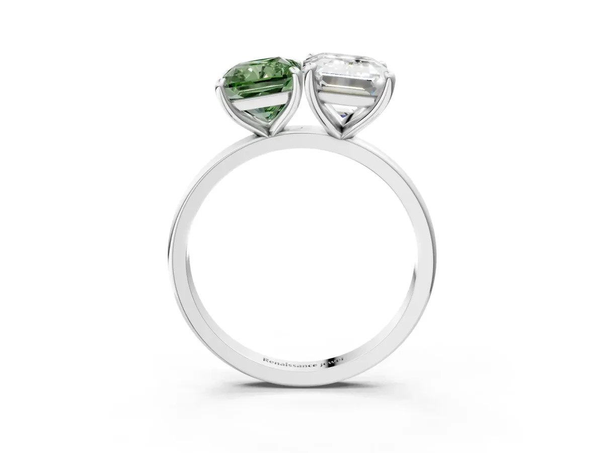 Fancy Green Radiant Cut and Emerald Cut Toi Moi Ring with Prong Setting White gold