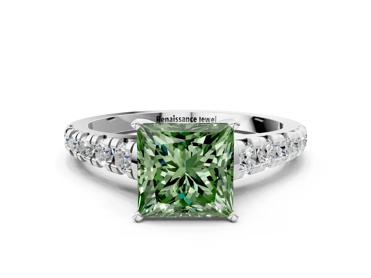 Fancy Green Princess Cut Diamond Cathedral Solitaire Ring with Round Pavé Band Silver