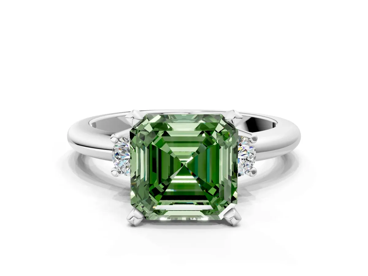 Fancy Green Three-Stone Asscher Cut Cut Diamond Solitaire with Prong Setting and Classic Band Platinum