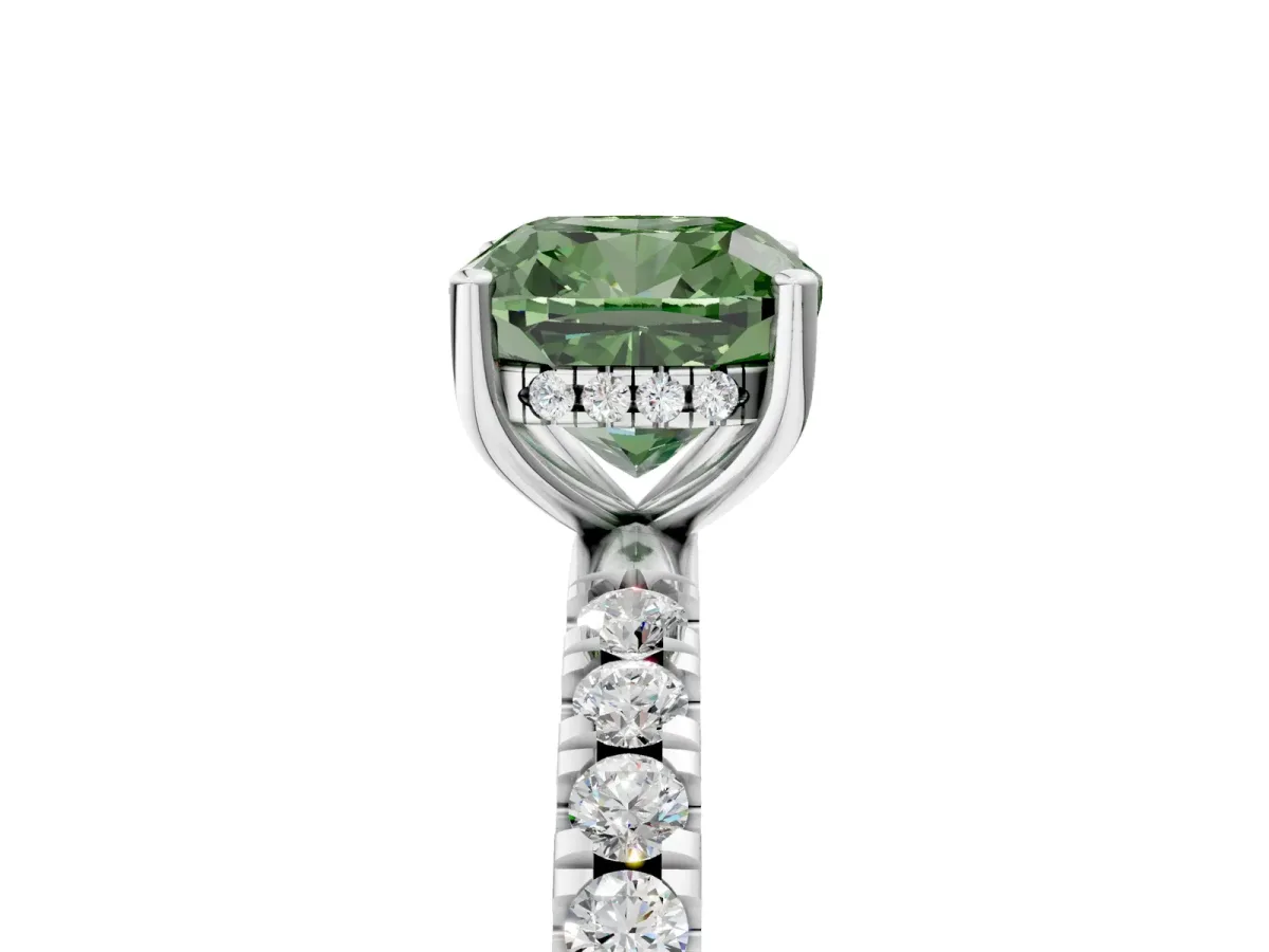 Fancy Green Cushion Cut Diamond Pave Band Solitaire Ring with Round and Prong Setting Silver