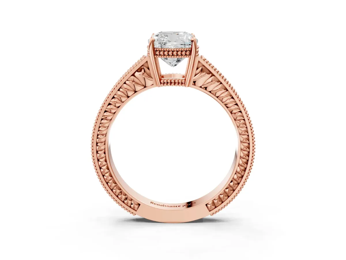 Cushion Cut Cut Diamond Milgrain Pave Band Four-Prong Setting Ring Rose gold
