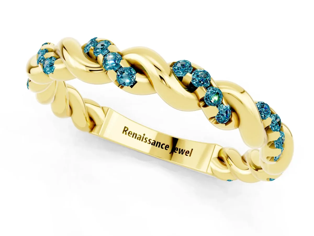 Twisted Pavé Round Blue Topaz Eternity Band Yellow gold