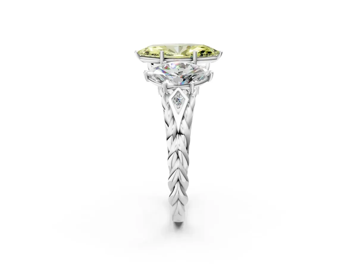 Fancy Yellow Three-Stone Marquise Cut Diamond Braided Band Ring with Four-Prong Setting Platinum