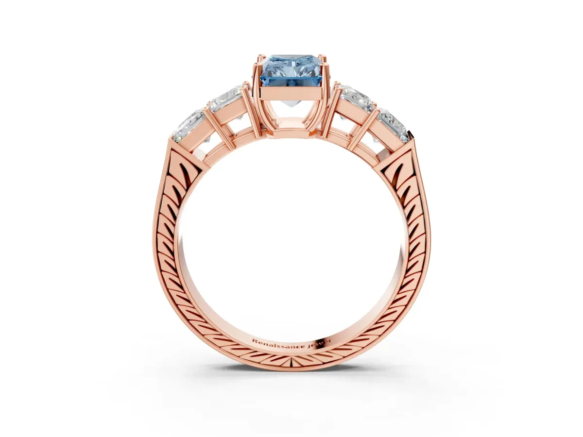 Fancy Blue Radiant Cut Solitaire Princess Side Stone Engraved Band Prong Setting Ring Rose gold