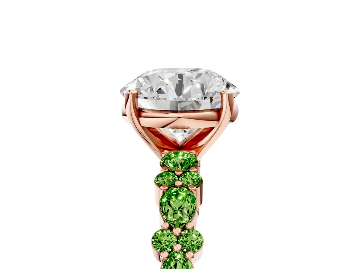 Round Cut Diamond Side Stone Solitaire Ring with Round Peridot and Four-Prong Setting Rose gold