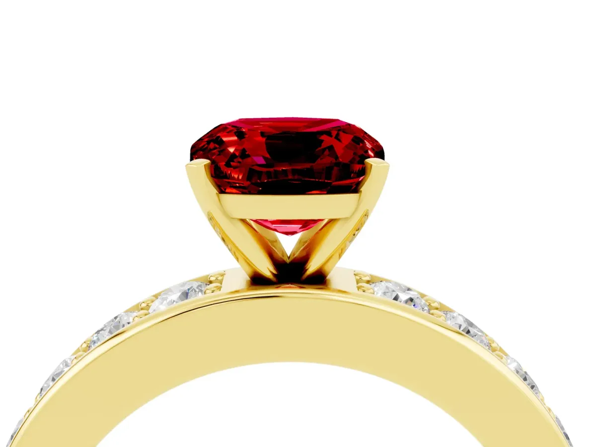 Cushion Cut Ruby Engagement Ring with Channel Set Round Band and Prong Setting Yellow gold