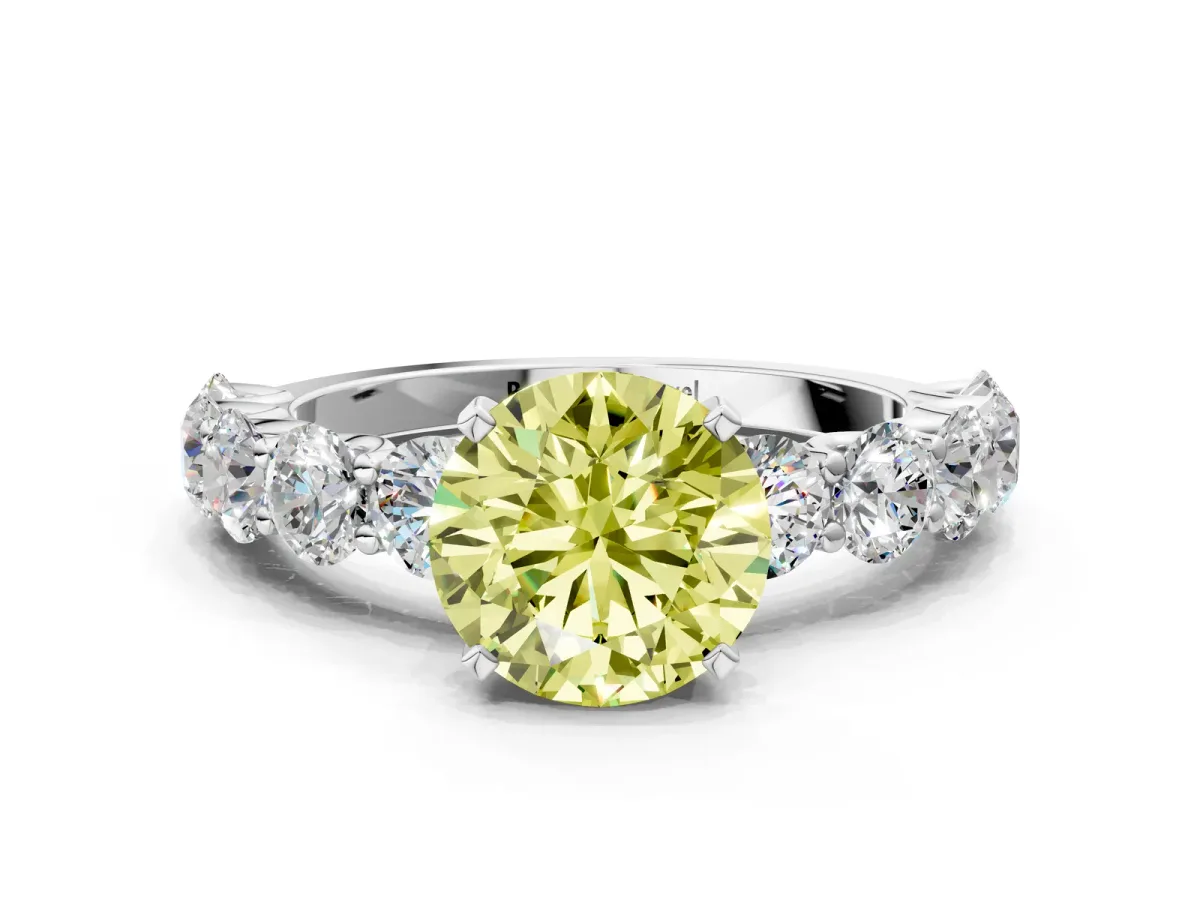 Fancy Yellow Round Cut Diamond Prong Setting with Side Stones on a Pave Band Silver
