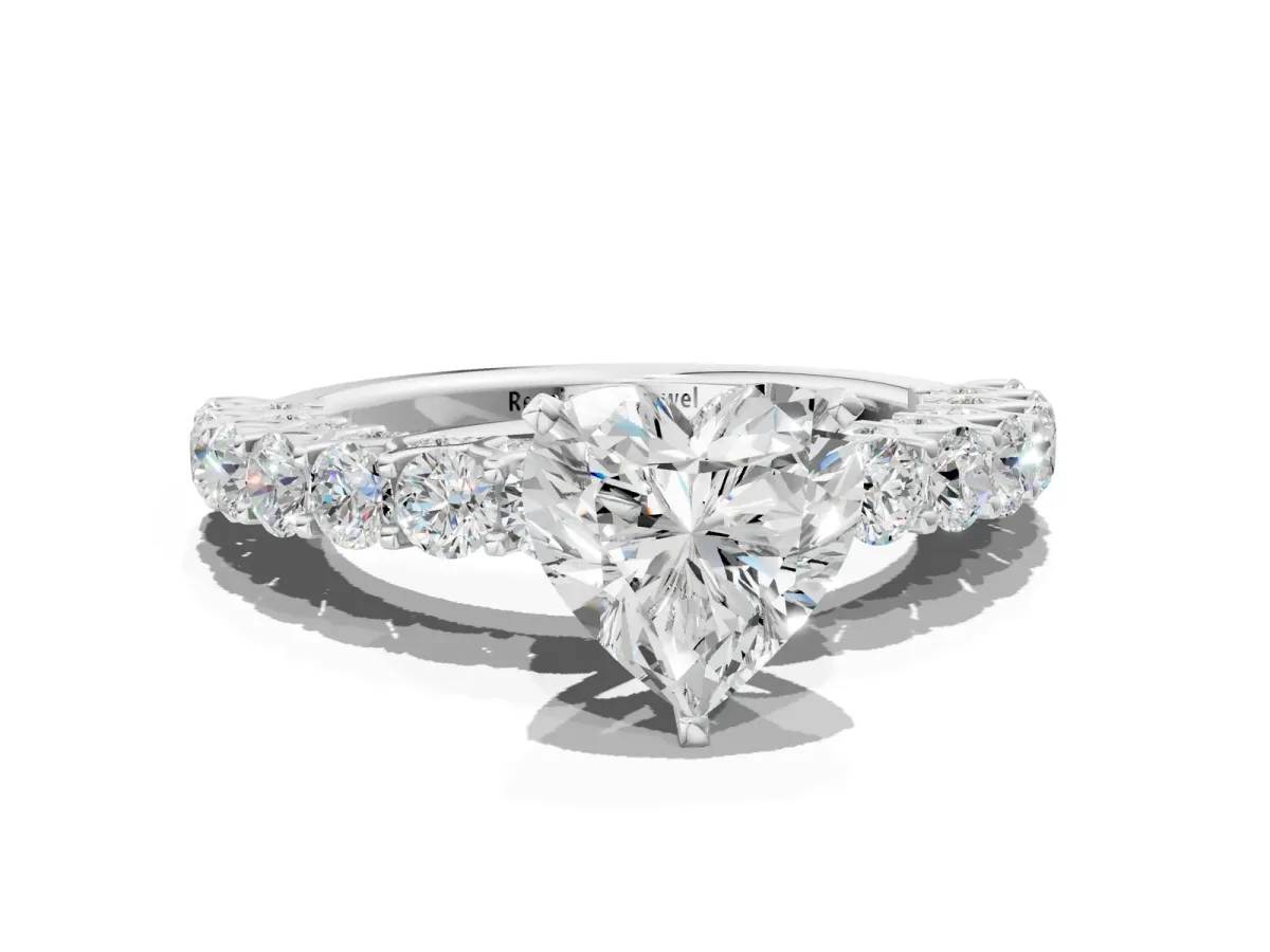 Heart Cut Diamond Solitaire Ring with Shared Prong Pavé Band and Four-Prong Setting Silver