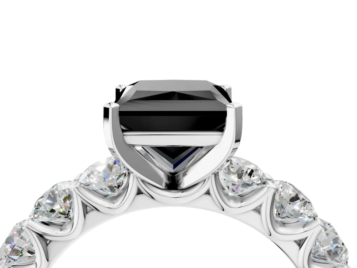 Fancy Black Princess Cut Diamond Prong Setting with Side Stones on a Pave Band Silver
