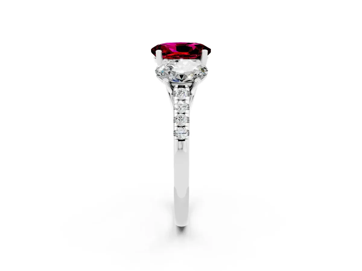 Three-Stone Oval Cut Garnet Ring with Round Pavé Band and Prong Setting Silver