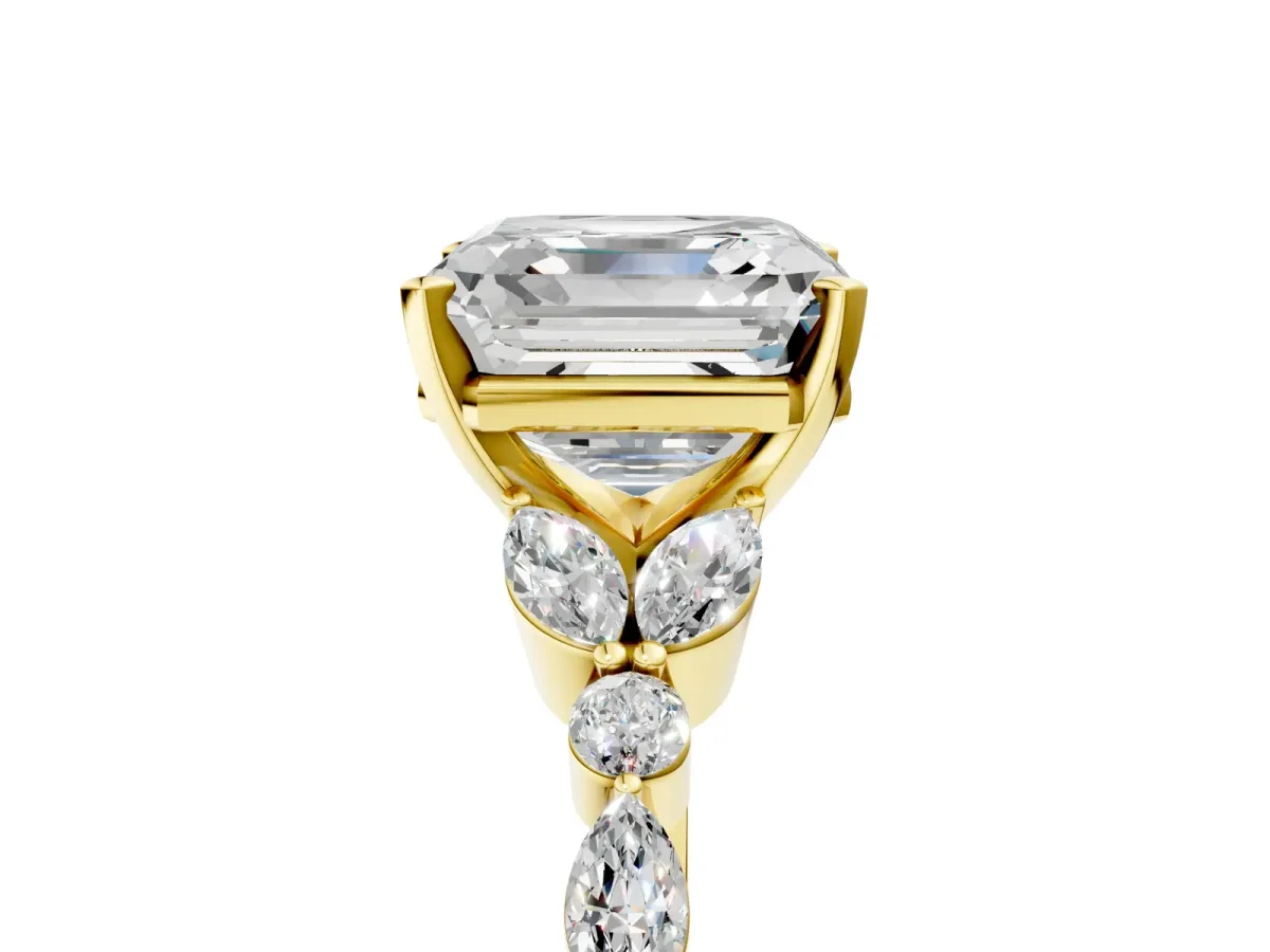 Asscher Cut Diamond Solitaire Ring with Side Stones and Four-Prong Setting Yellow gold