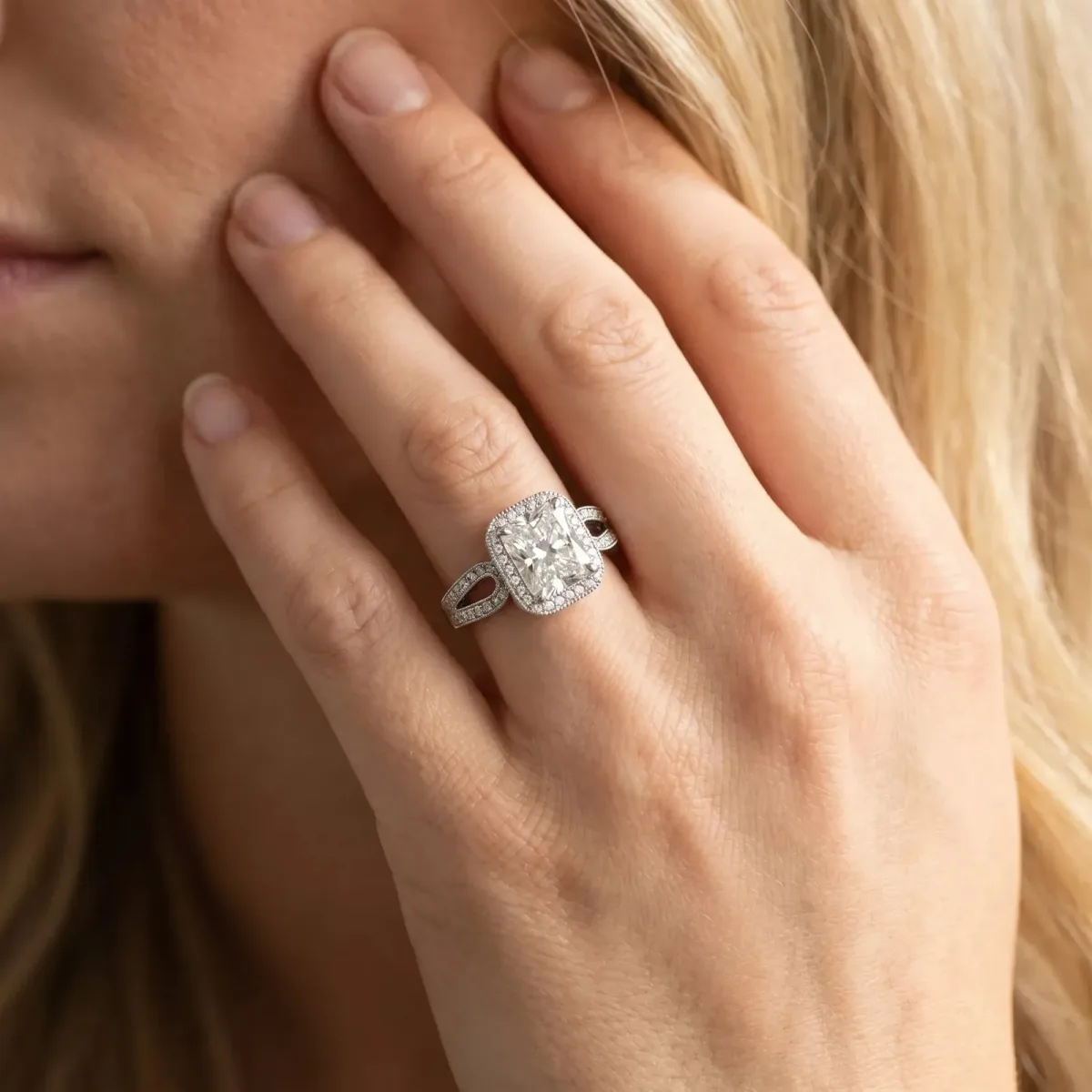 Radiant Cut Halo Split Shank Milgrain Diamond Ring Platinum