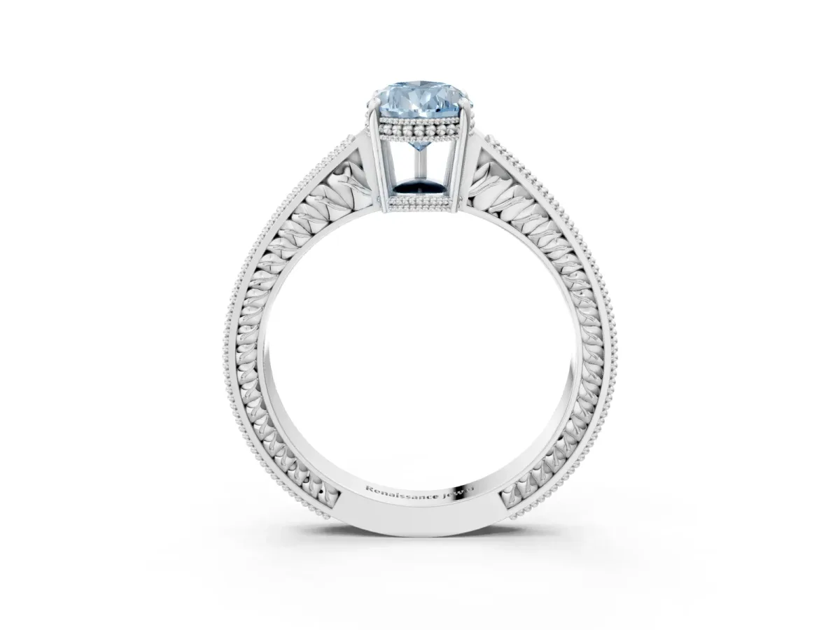 Fancy Blue Pear Cut Diamond Ring with Milgrain Pavé Band and Four-Prong Setting Platinum