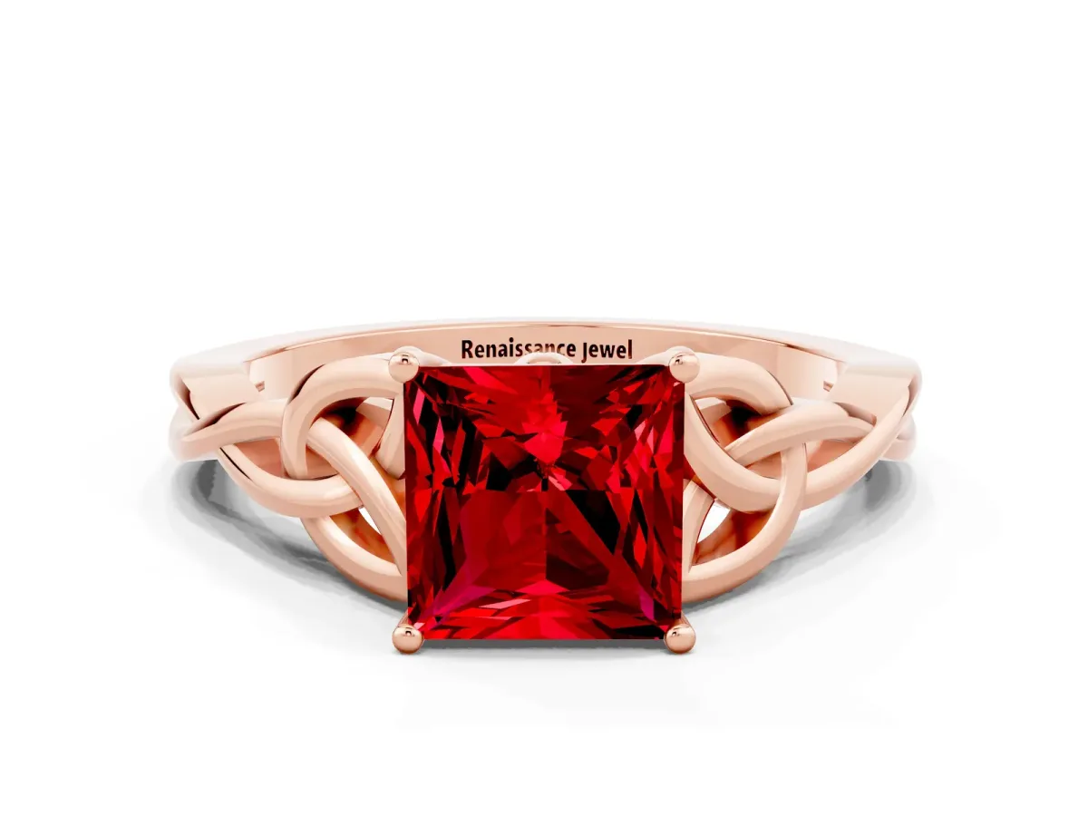 Princess Cut Ruby Solitaire Celtic Knot Ring with Four-Prong Setting Rose gold