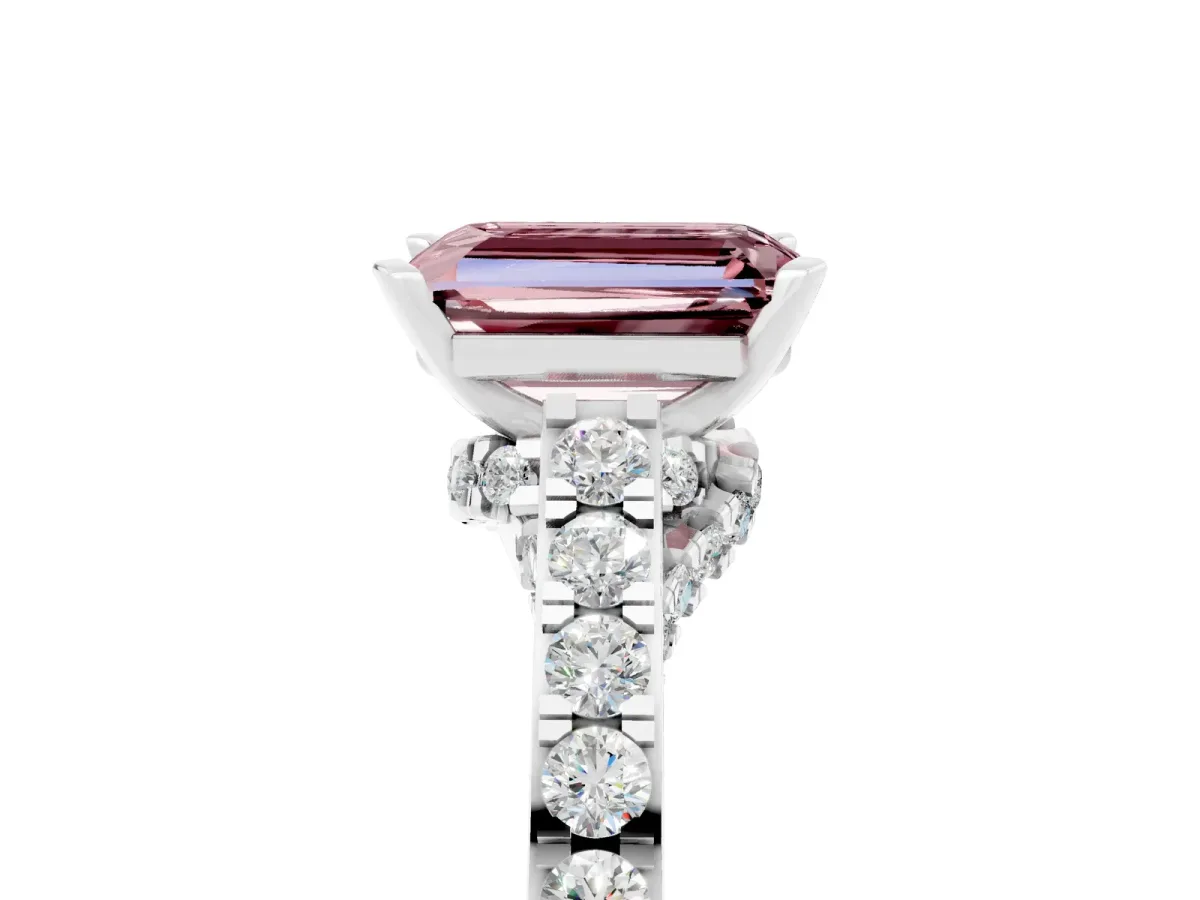 Emerald Cut Morganite Solitaire Ring with Crossover Gallery and Round Pavé Band Silver