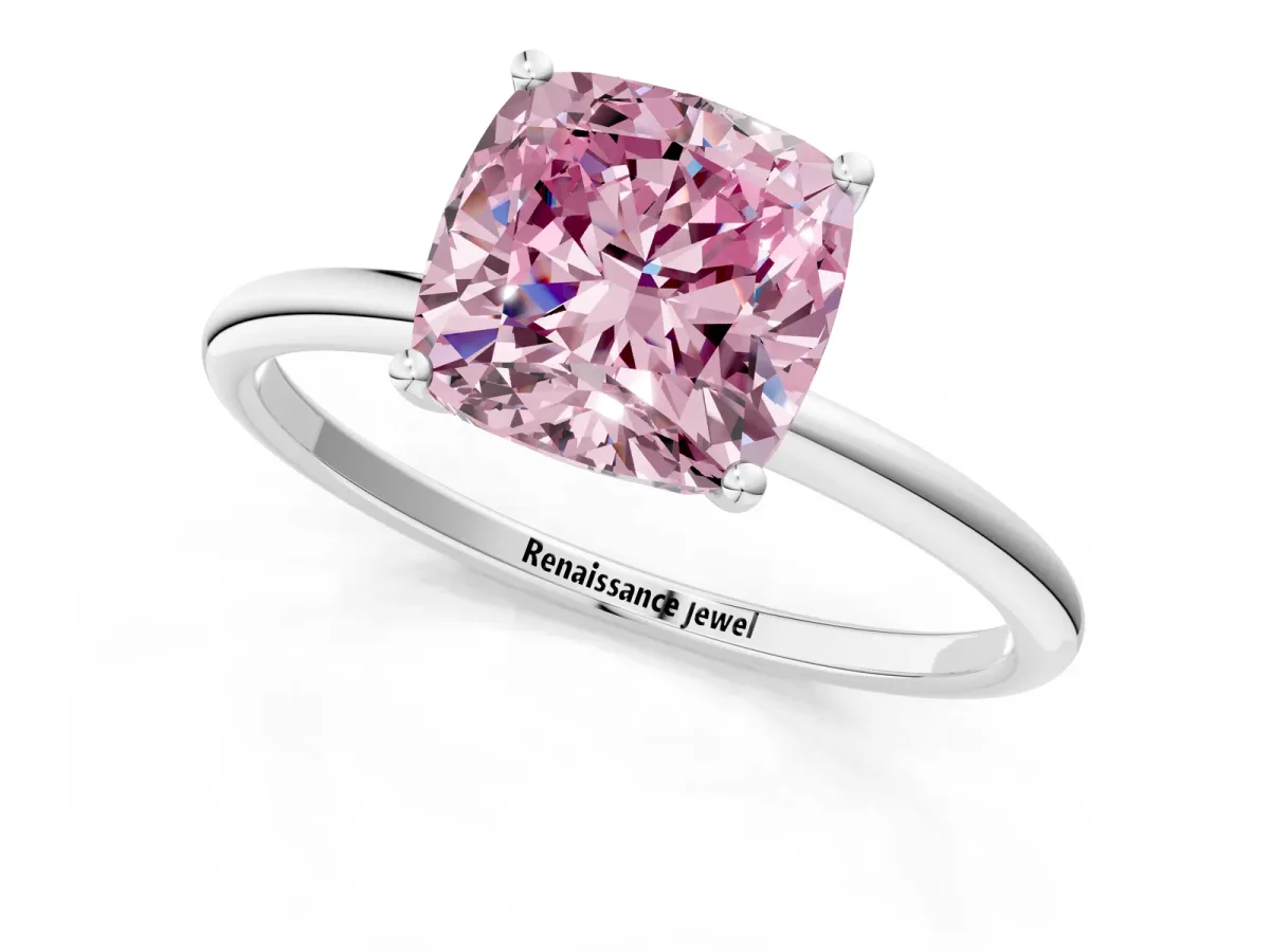 Fancy Pink Cushion Cut Cut Solitaire Engagement Ring with Thin Band and Four-Prong Setting Silver