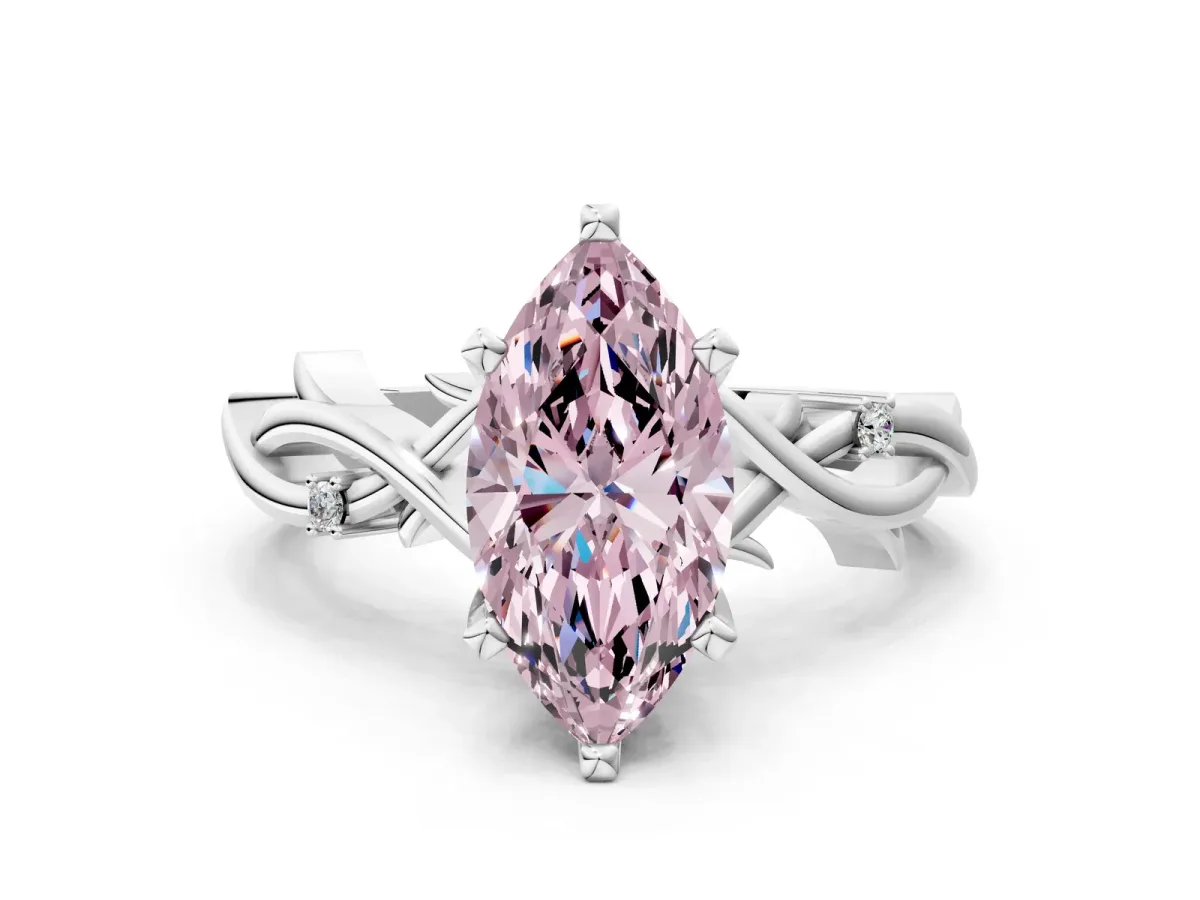 Fancy Pink Marquise Cut Diamond Solitaire Ring with Twisted Band and Prong Setting Silver